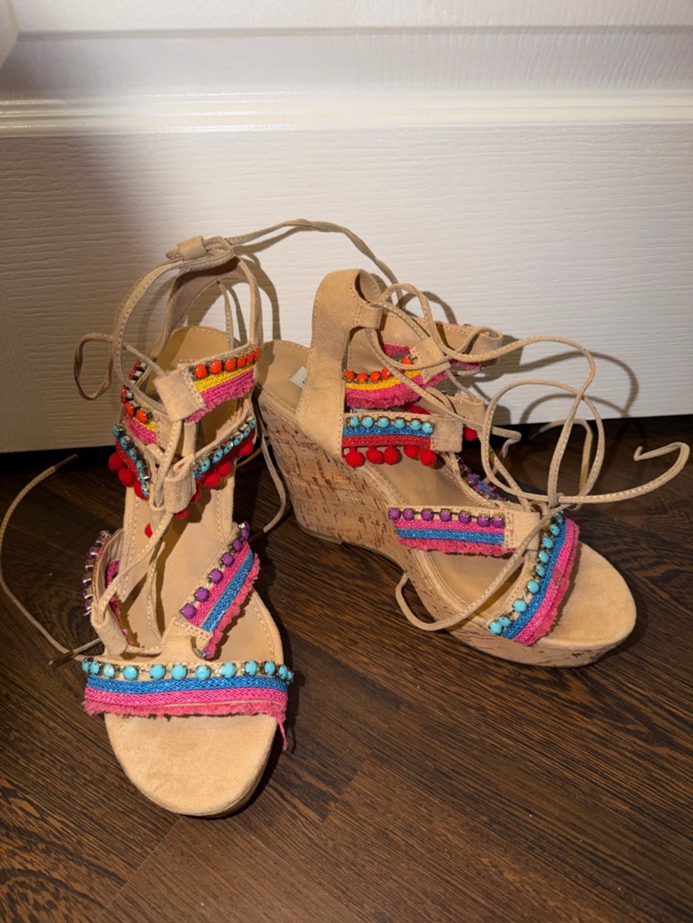 NEW Women's Tan Wedge Sandals with Pink & Turquoise Embellishments